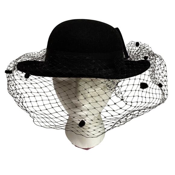 Dressy black felted wool hat large netting bowl & mesh fascinator made in USA main image 8